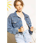 DENIM CROP JACKET WITH PEARL STUDS