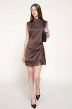 Sleeveless High Neck Satin Mini Dress with Lace Hem Detail