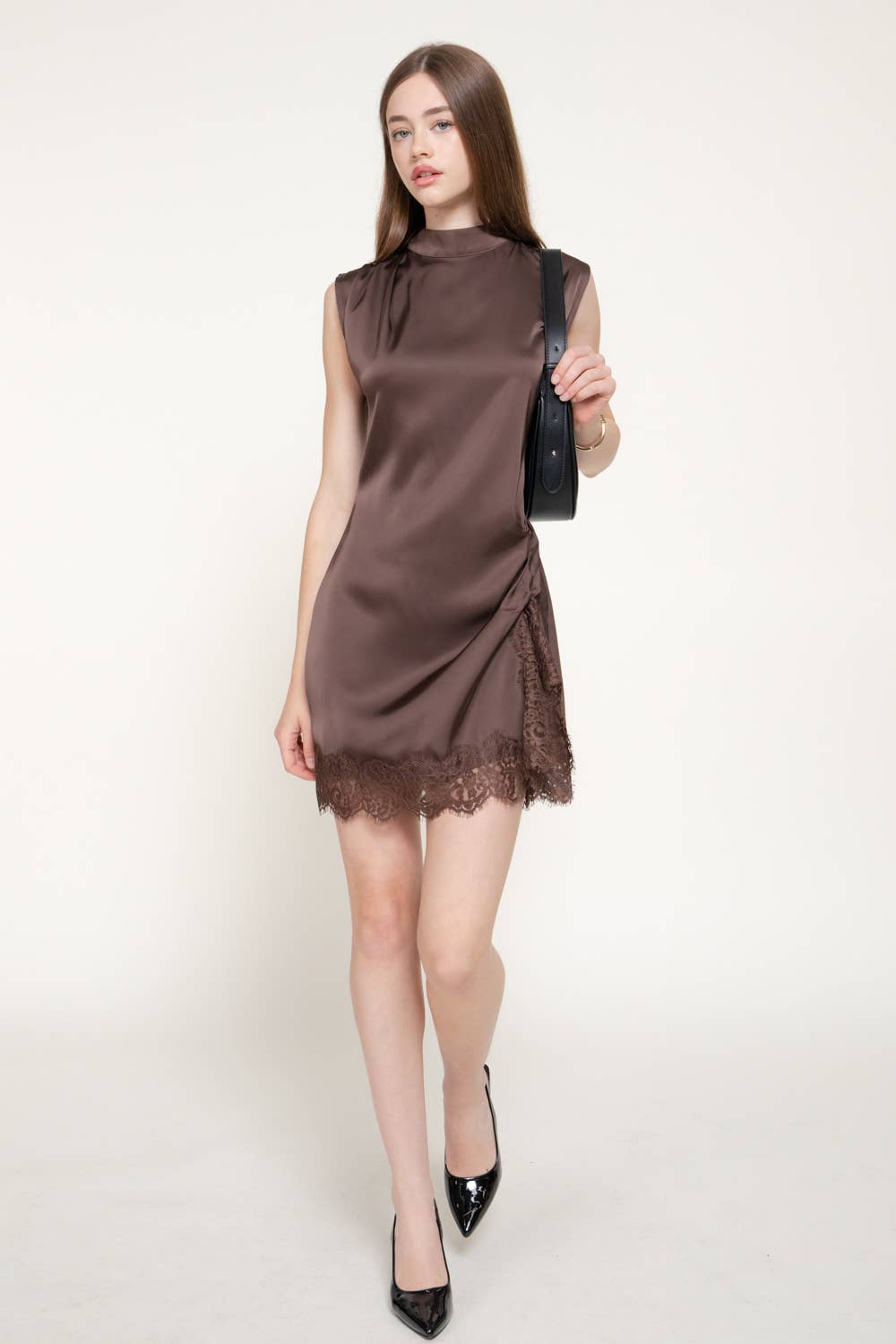 Sleeveless High Neck Satin Mini Dress with Lace Hem Detail