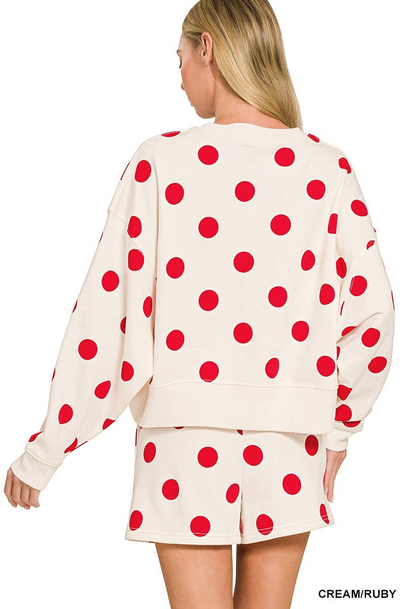 Fleece Polka Dot Print Round Neck Pullover And Shorts Set