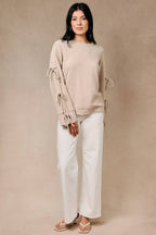 Ribbed Long Sleeve Side Tie Detail Knit Pullover