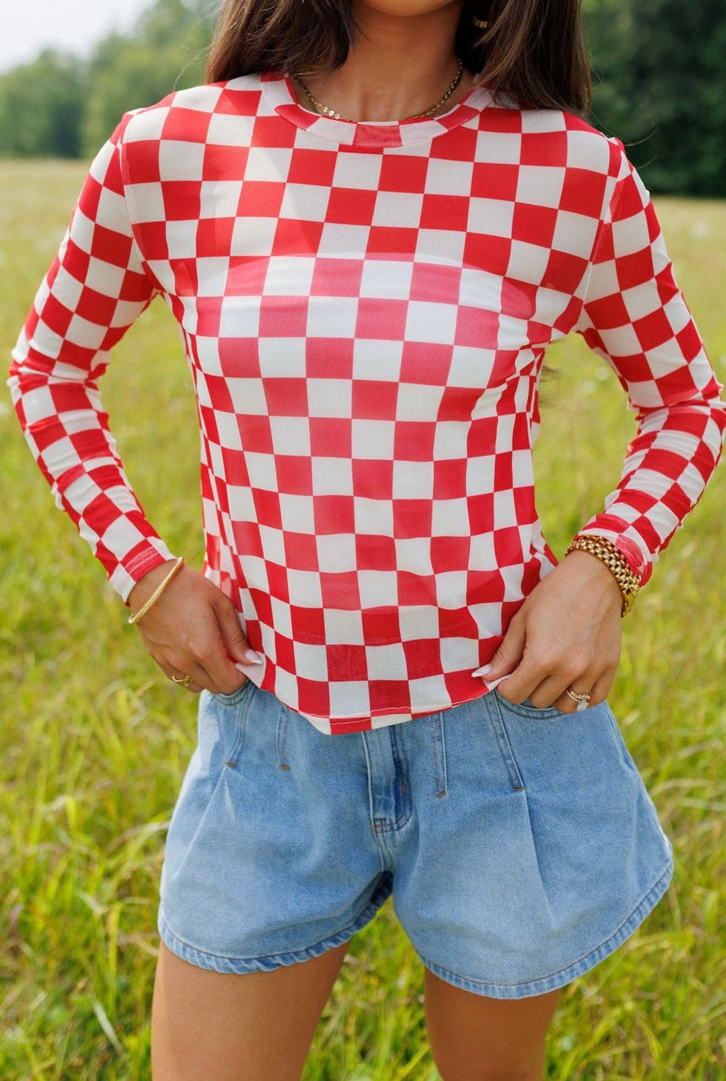 Fest Red Checkerboard Mesh Top