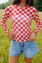 Fest Red Checkerboard Mesh Top