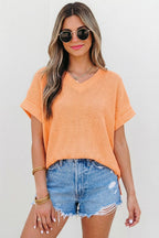 Waffle Texture V Neck Short Sleeve Knit Top | S-XL