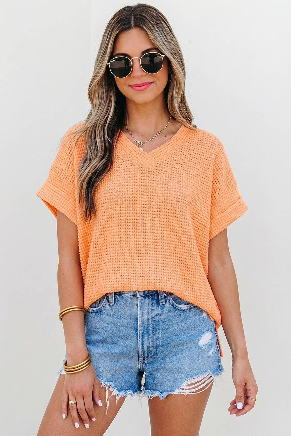 Waffle Texture V Neck Short Sleeve Knit Top | S-XL