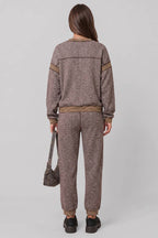 NT12845SET-Contrast Rib Trim Heathered Knit Lounge Set