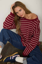 CREAM STRIPED DROP SHOULDER CREW NECK SWEATER