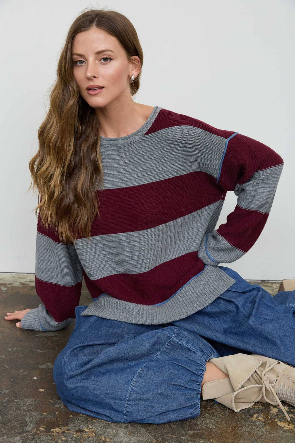 WIDE STRIPE TEXTURED KNIT CONTRAST KNIT CARDIGAN