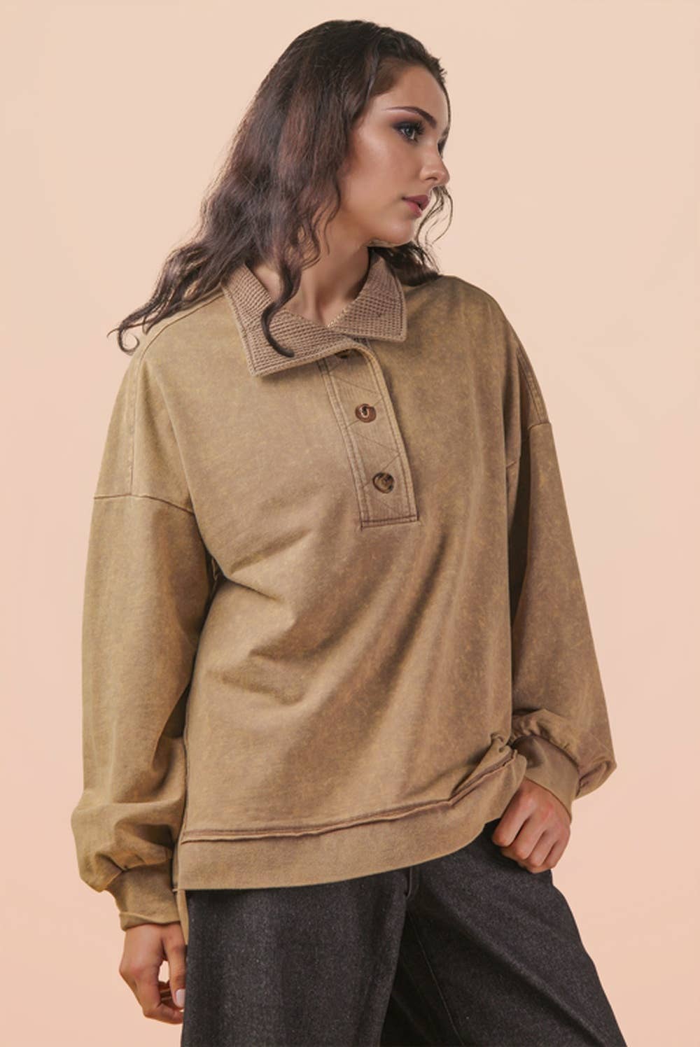 NT12225-Mock Neck Mineral Washed Knit Causal Top
