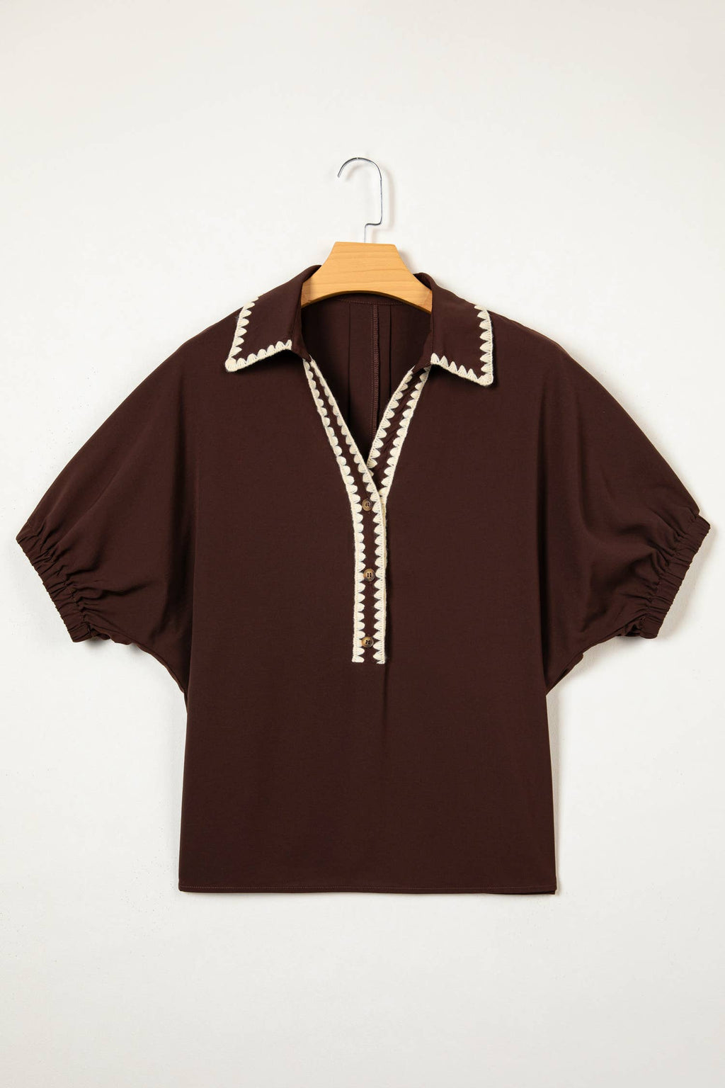 LAS Collar Contrast Trim Button Bubble Sleeve Blouse (S-XL)