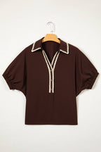 LAS Collar Contrast Trim Button Bubble Sleeve Blouse (S-XL)