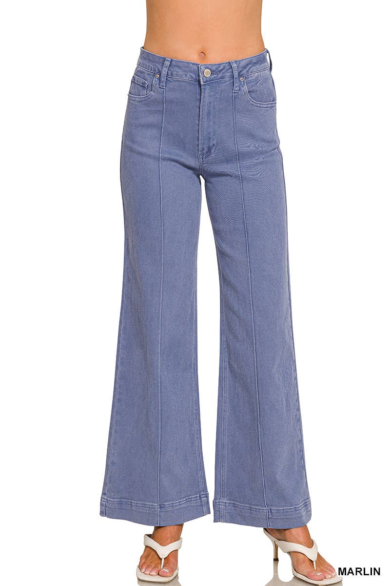 High Rise Wide Leg Pintuck Color Denim Pants