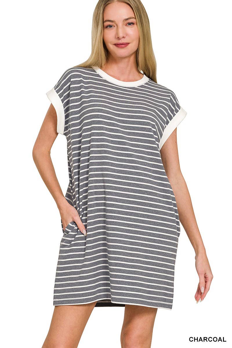 Striped Contrast Trim Rib Banded T-shirts Dress
