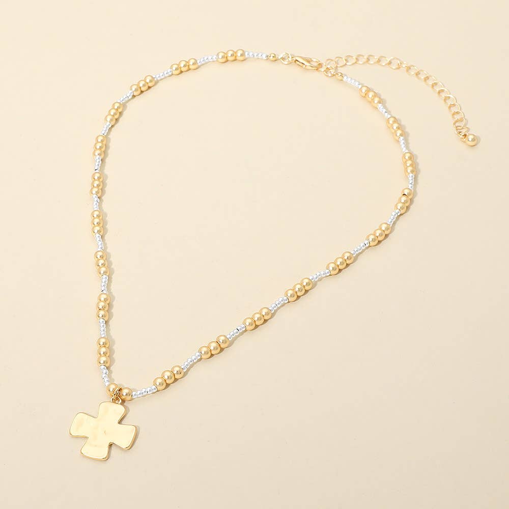Brushed Hammered Metal Cross Pendant Beaded Chain Necklace