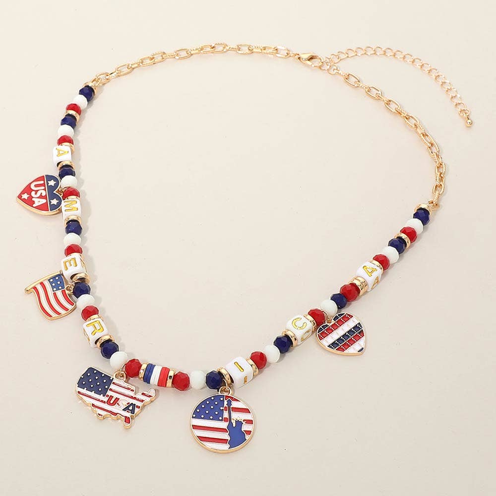 American USA Flag Map Heart Charm Station Beaded Necklace