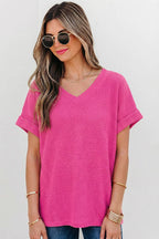 Waffle Texture V Neck Short Sleeve Knit Top | S-XL