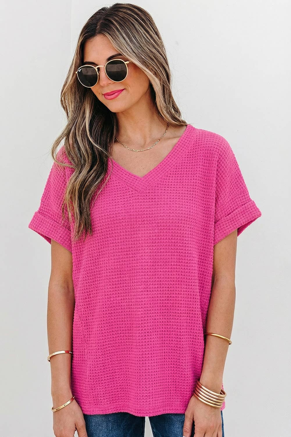 Waffle Texture V Neck Short Sleeve Knit Top | S-XL