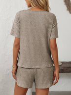 Solid Color Ribbed Short-Sleeve Pajama Loungewear Set