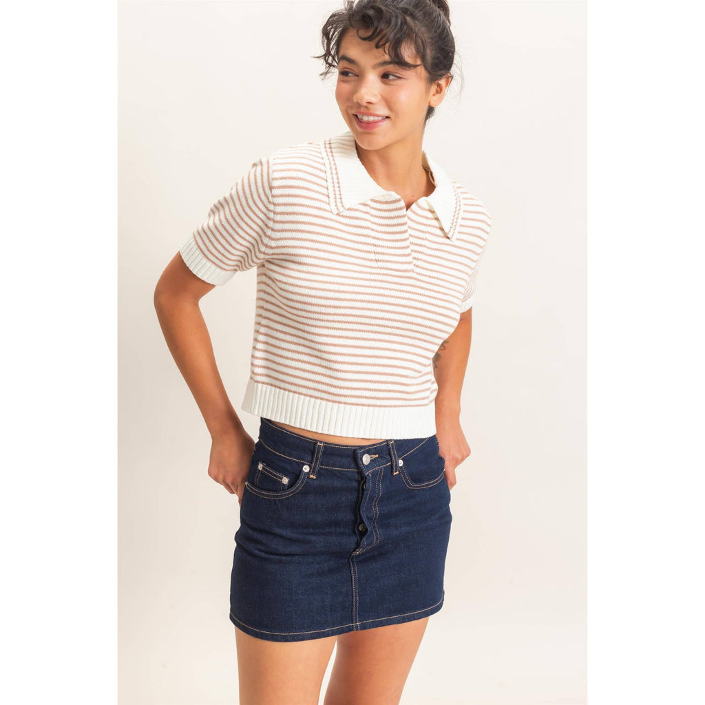 Striped Short Sleeve Collar Knit Top