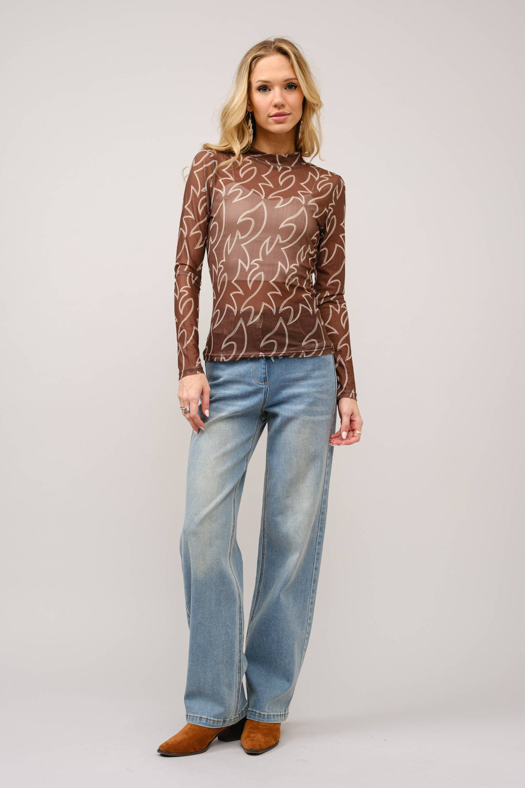 36349T - Boots Stitch Throughout Mesh Mock Neck Fitted Top