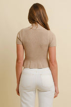 CSW17871 - MOCK NECK RIBBED RUFFLED SHORT SLEEVE SWEATER