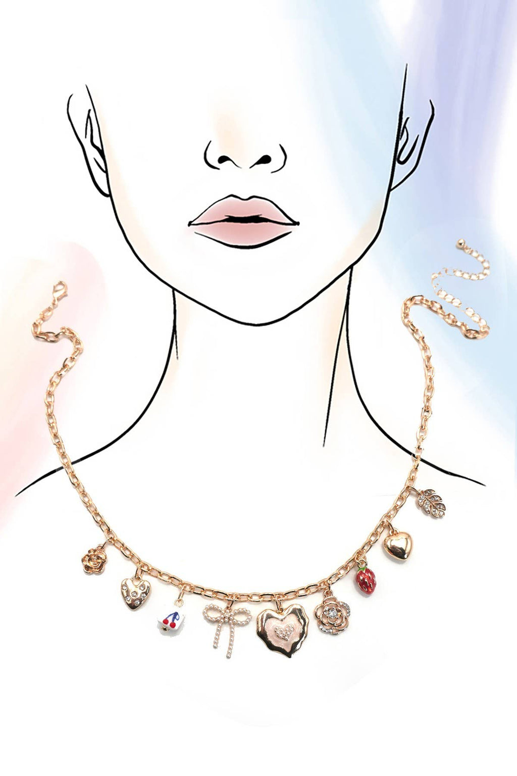 CHARM NECKLACE BOW STRAWBERRY FLOWER HEART