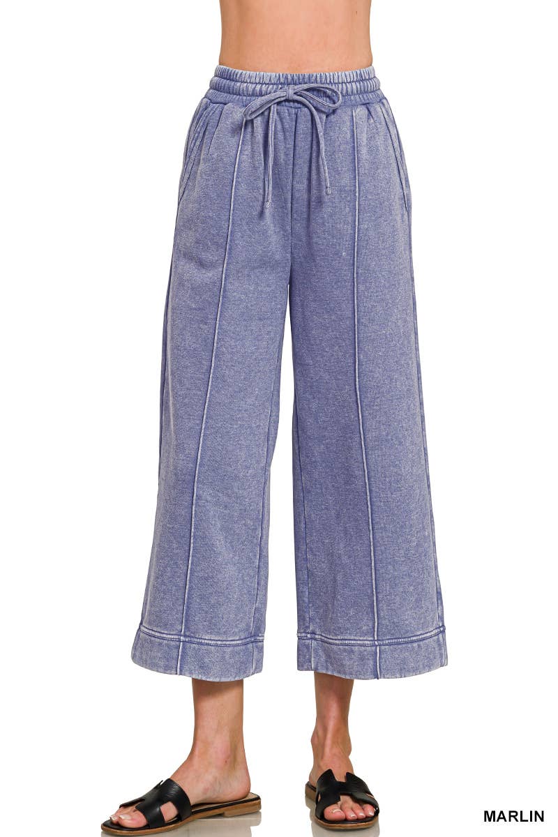 Acid Washed Fleece Pintuck Wide Leg Cropped Pants w/ Pockets
