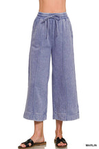 Acid Washed Fleece Pintuck Wide Leg Cropped Pants w/ Pockets