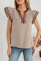 Stripe Double Ruffled Short Sleeve V Neck Blouse