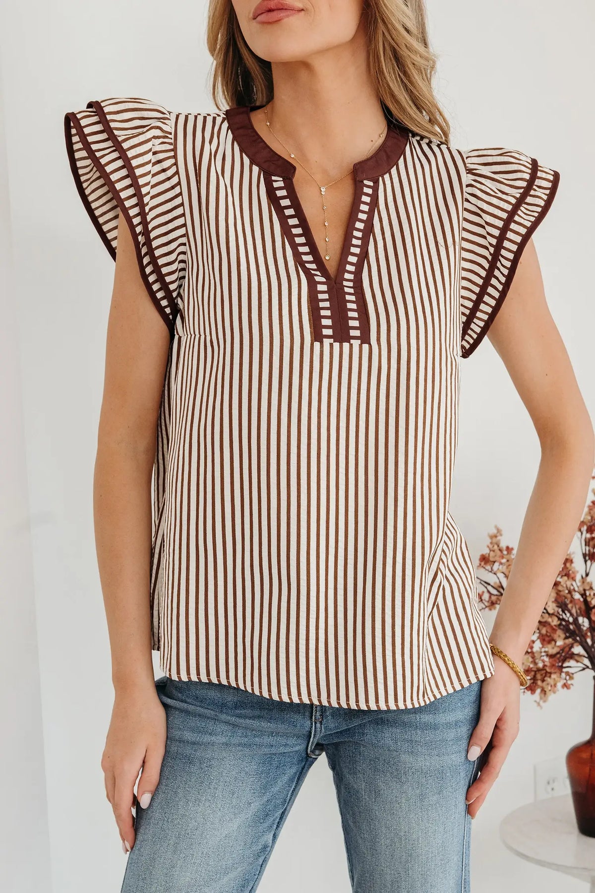 Stripe Double Ruffled Short Sleeve V Neck Blouse