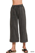 Acid Washed Fleece Pintuck Wide Leg Cropped Pants w/ Pockets