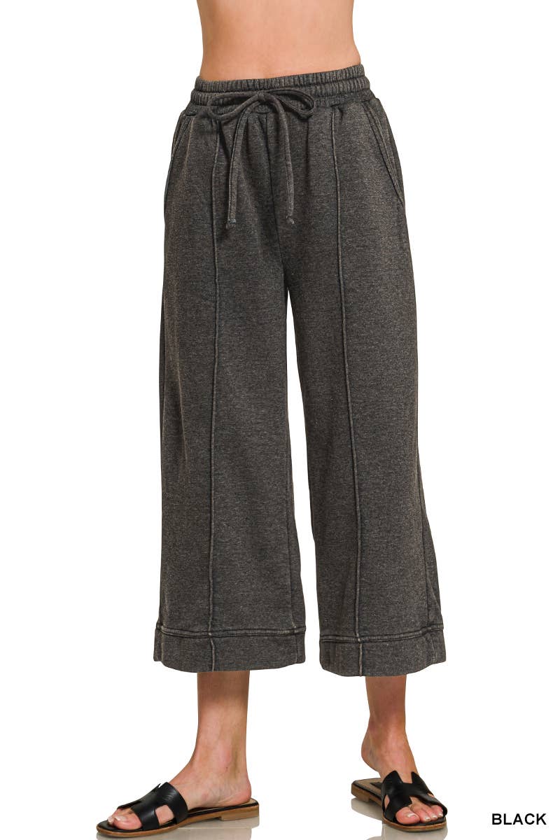 Acid Washed Fleece Pintuck Wide Leg Cropped Pants w/ Pockets