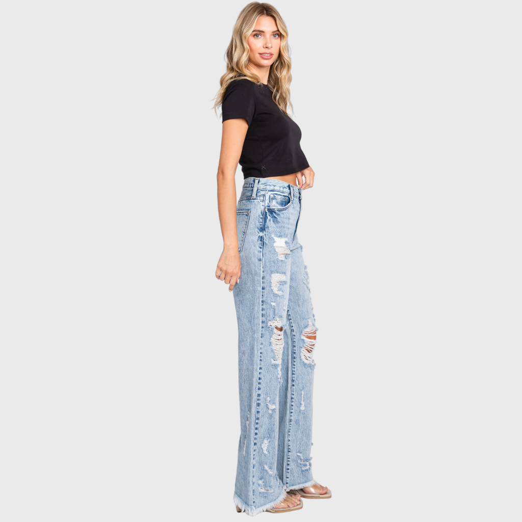 P865VXF-LT DESTROYED HIGH RISE RIGID VINTAGE FLARE JEANS