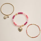 Beaded Heart Charm Stretch Bracelet Set | 3-Piece Layered Stack with Gold Accents