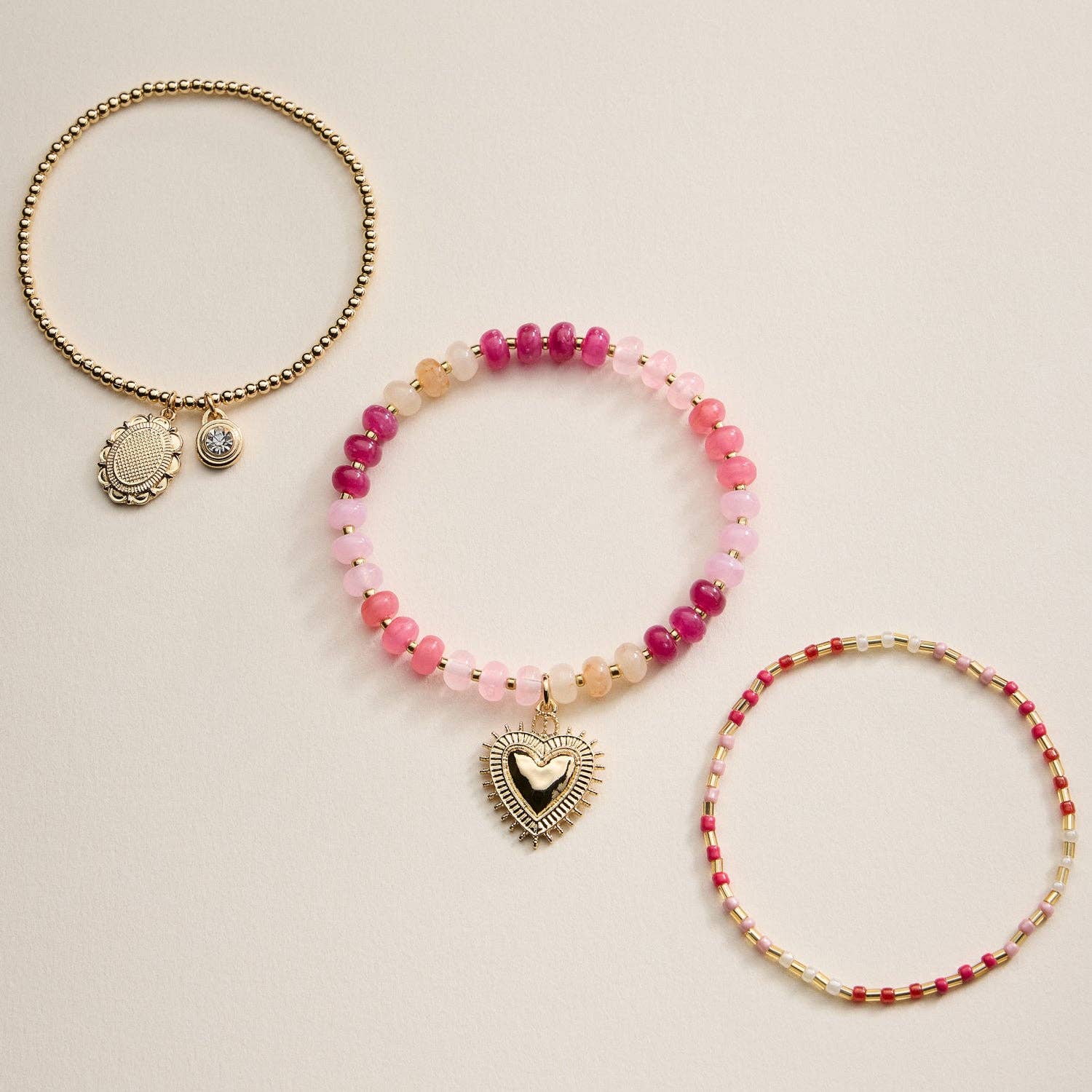 Beaded Heart Charm Stretch Bracelet Set | 3-Piece Layered Stack with Gold Accents