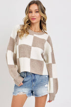 CASUAL SOFT COZY  RELAXED FIT CHECKER KNIT SWEATER