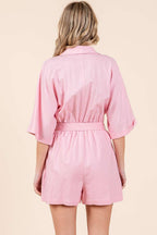 LINEN TIE BELT BUTTON DOWN COLLARED ROMPER