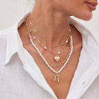 BEAUTIFUL BOW PEARL HEART PENDANT LAYERED NECKLACE |40NK9547