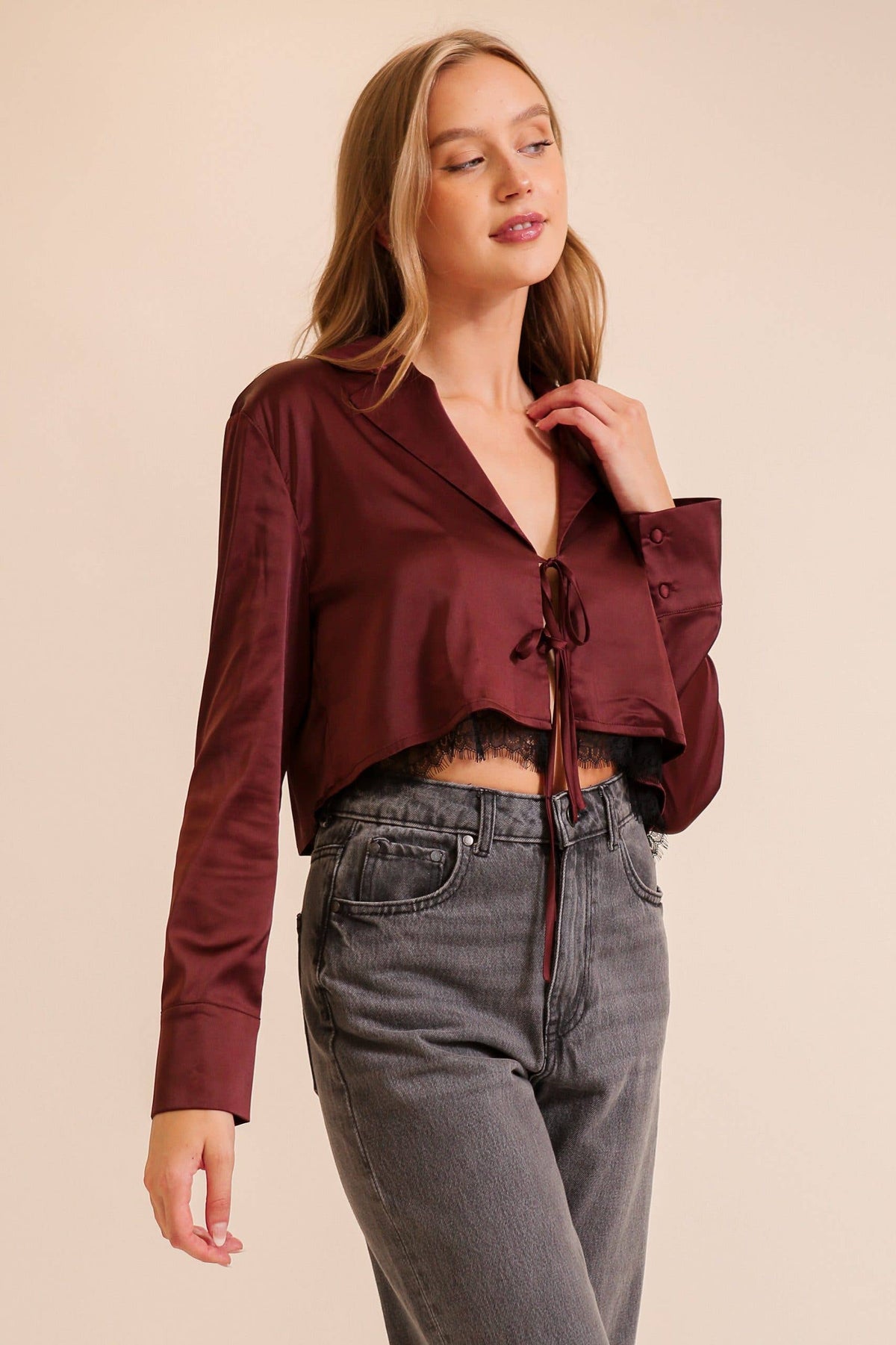 Satin Tie-front Cropped Blazer Top