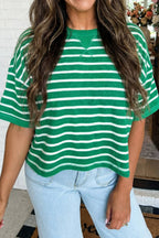 LAS Stripe Ribbed Patchwork Seam Half Sleeve Tee (S-XL)