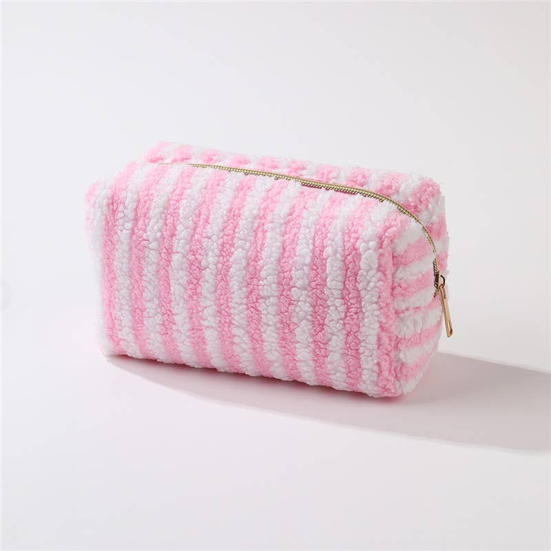 Plush Striped Sherpa Makeup Bag - Cozy Travel Pouch | 40P621