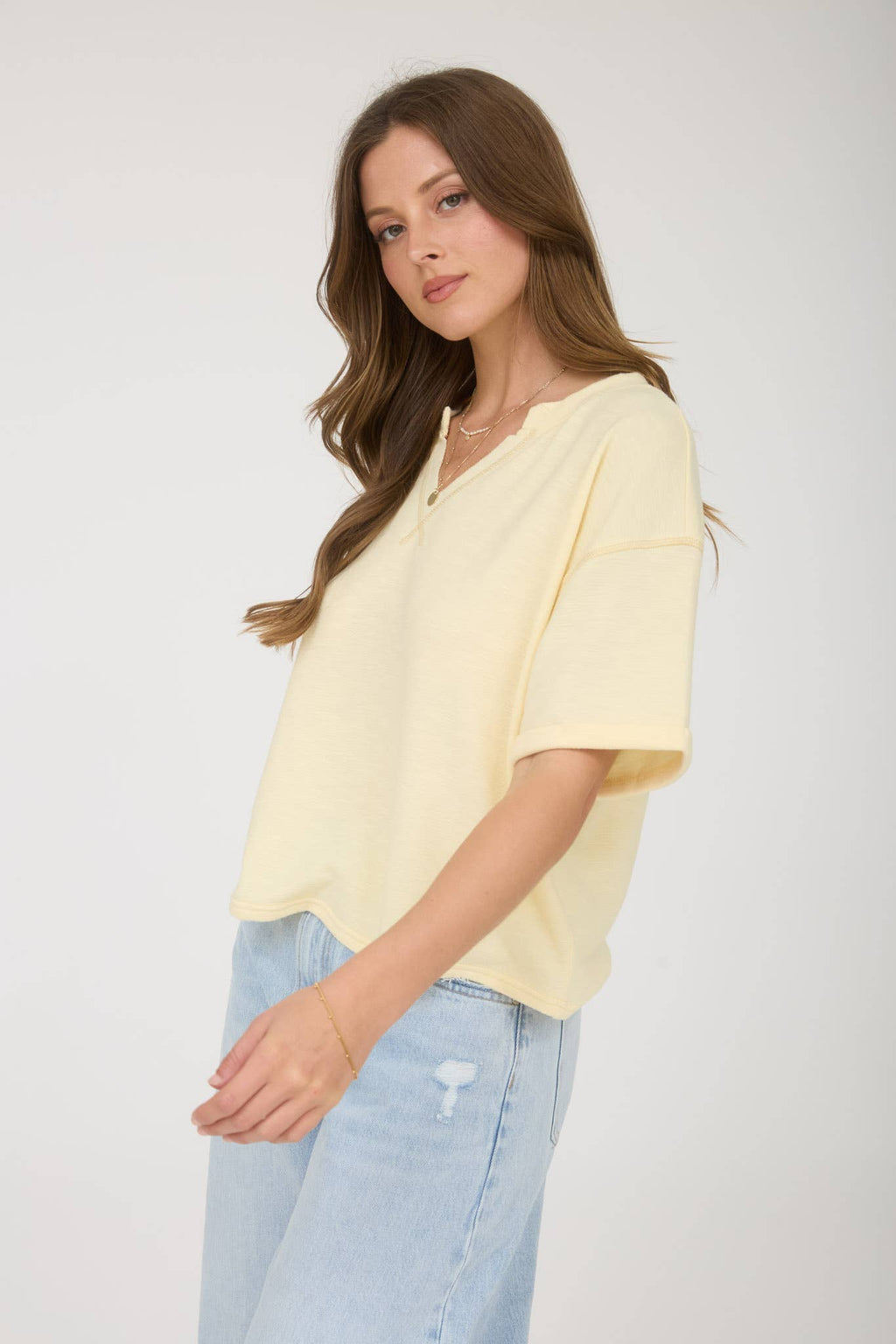 CONTRAST STITCH DROP SHOULDER CUFF SLEEVE KNIT TOP