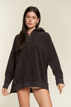 Long Sleeve Button Down Ribbed Hooded Sweatshirt JJT5070