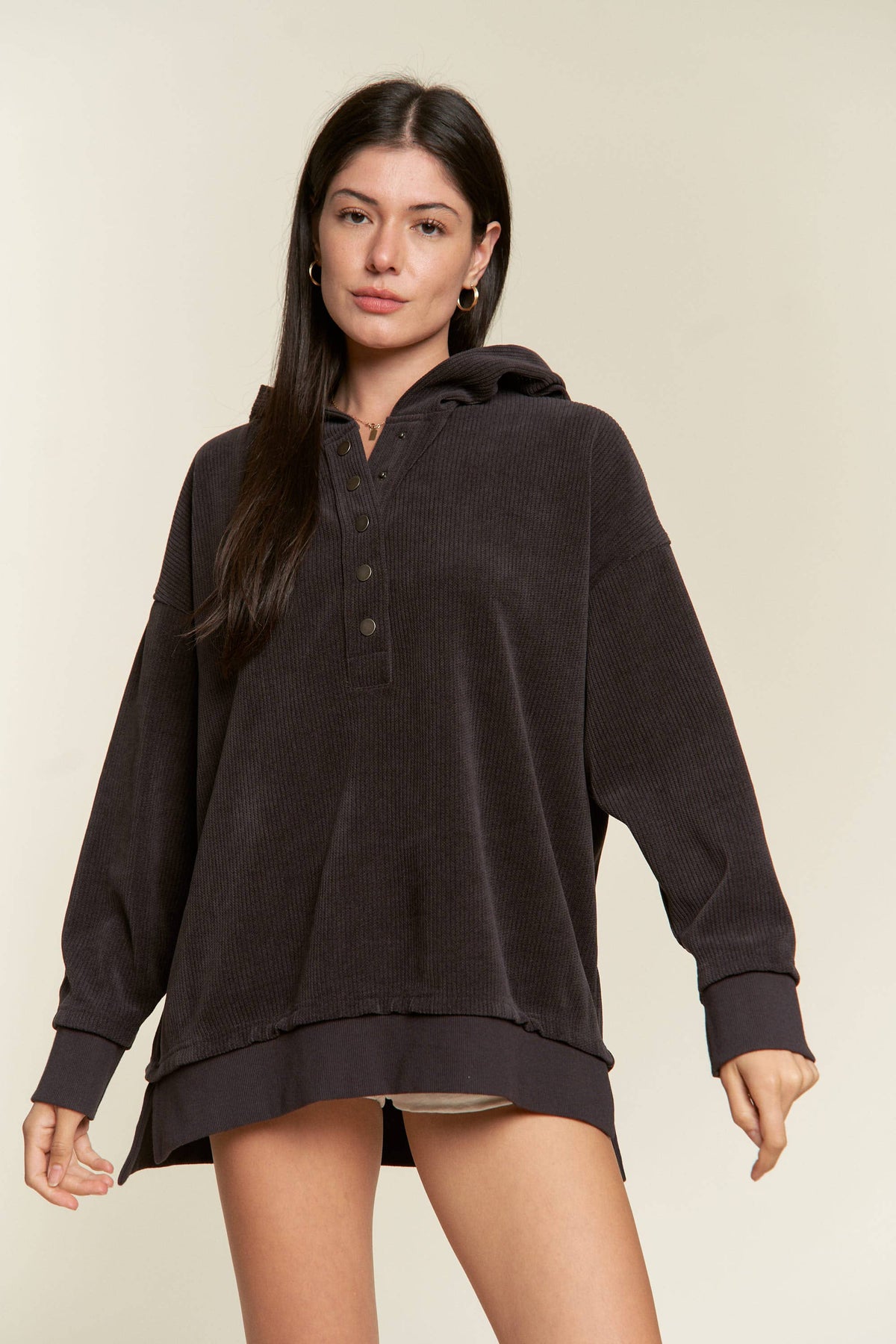 Long Sleeve Button Down Ribbed Hooded Sweatshirt JJT5070