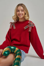 CHRISTMAS HOLIDAY SWEATER TOP WITH BOW APPLIQUES_JLT00420-01