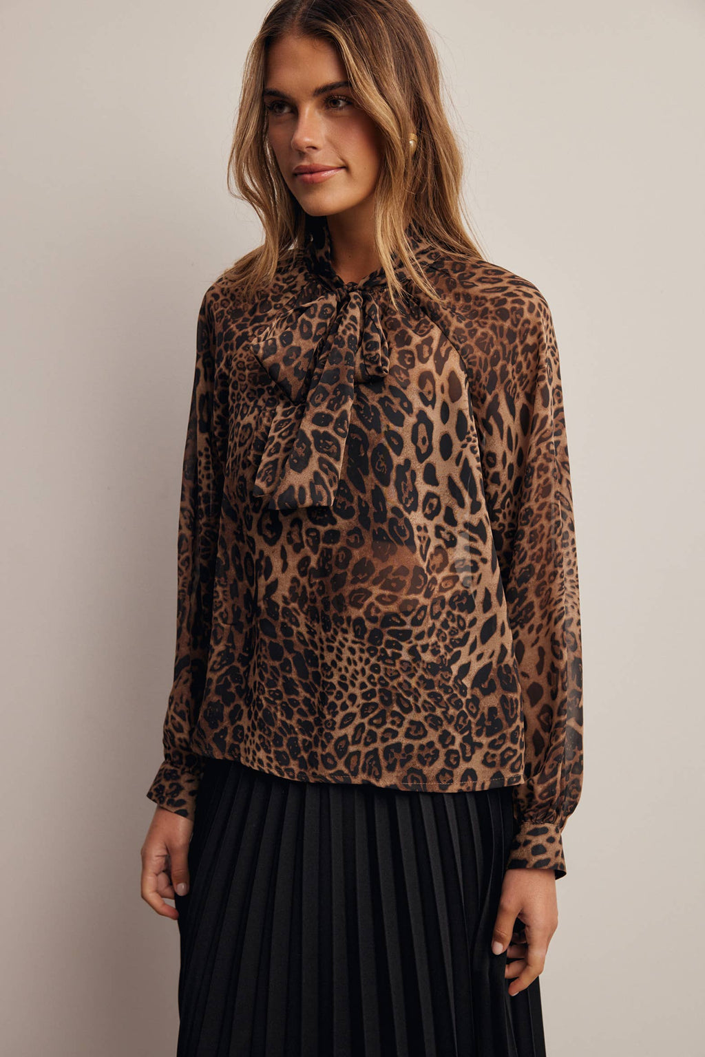 Animal Print Tie Neck Chiffon Blouse FT0074