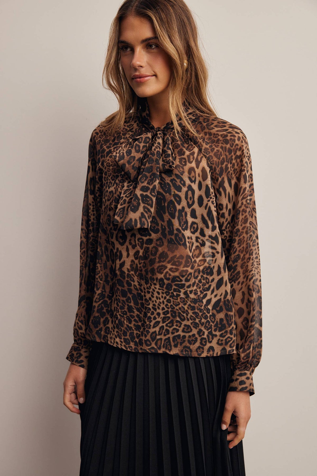 Animal Print Tie Neck Chiffon Blouse FT0074