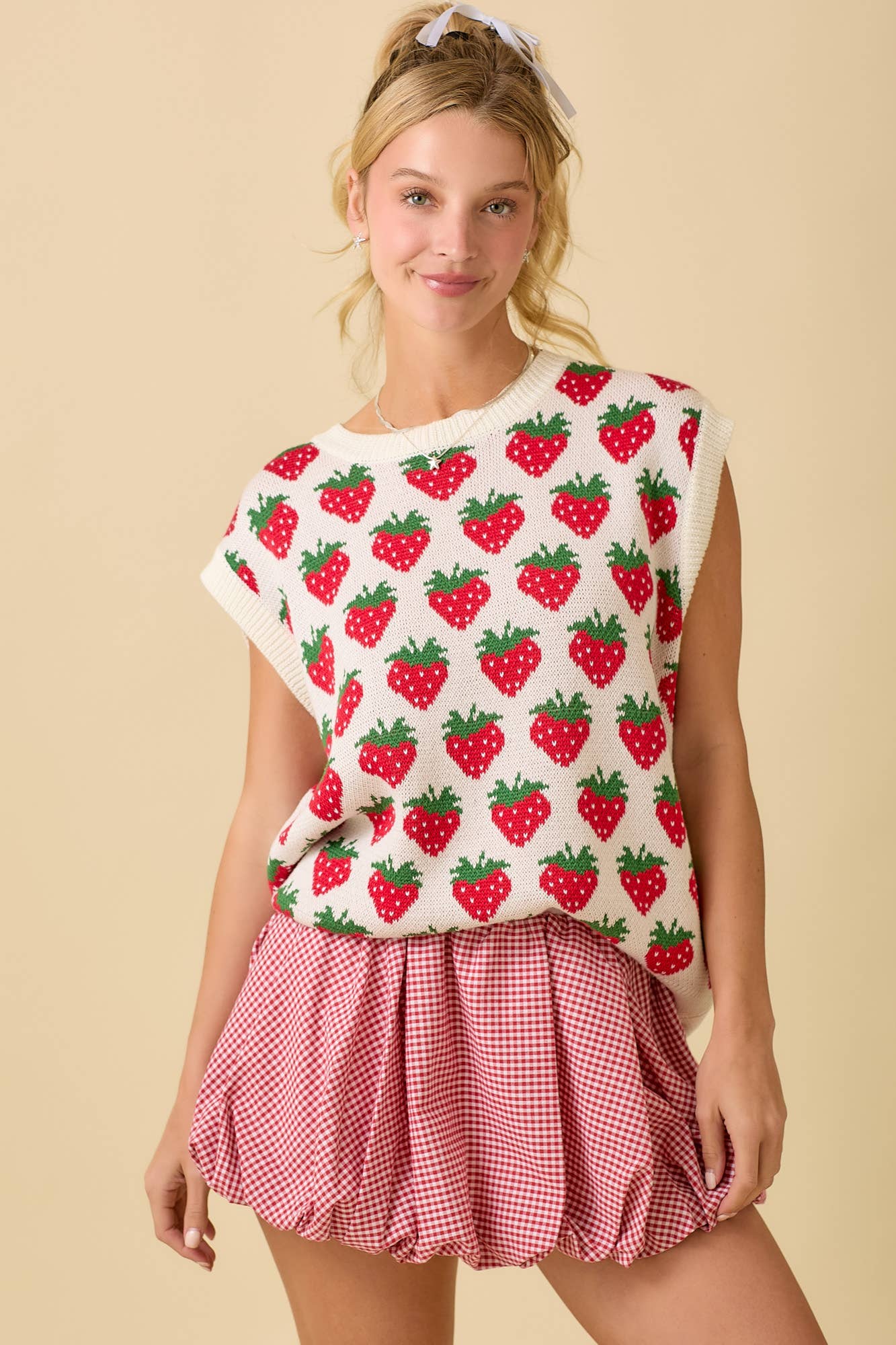 Strawberry Oversized Sleeveless Sweater Knit Top