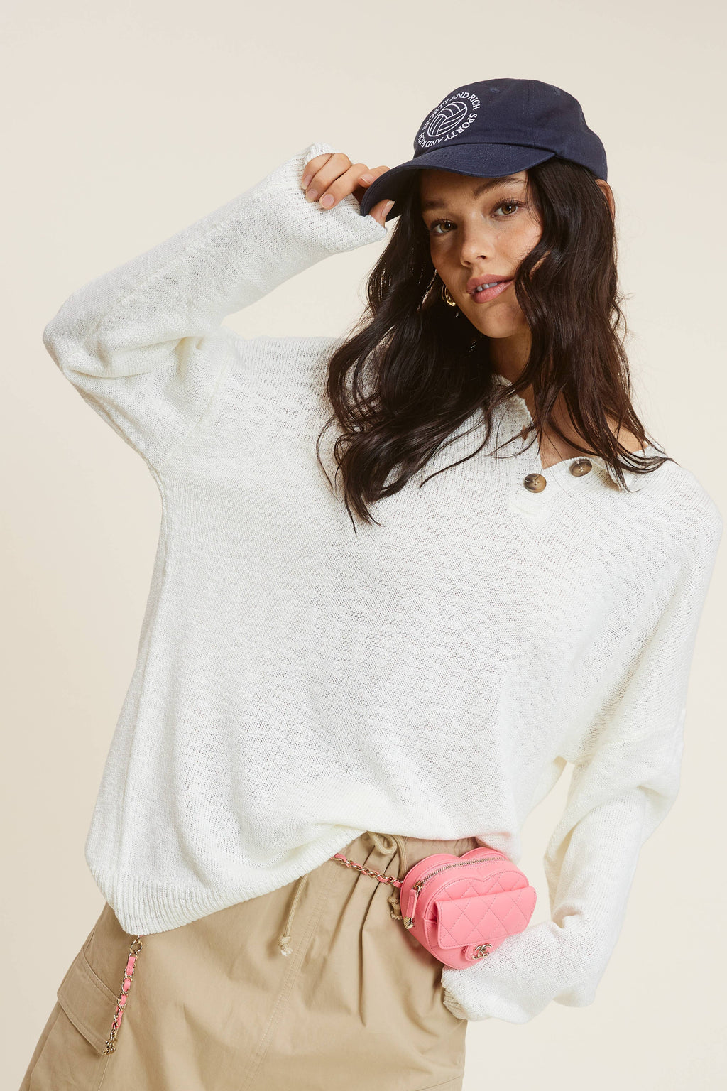 Baggy Knit Sweater with Henley Collar
