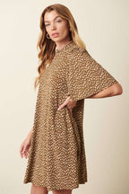 ANIMAL PRINT RUFFLE MOCK NECK MINI DRESS